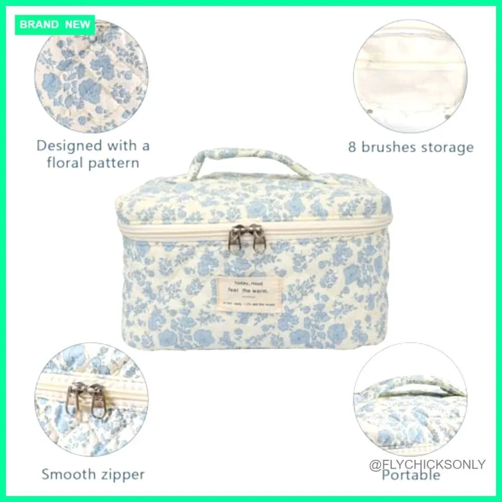Large Cotton Cosmetic Bag, Travel Makeup Organizer with Zipper Closure
